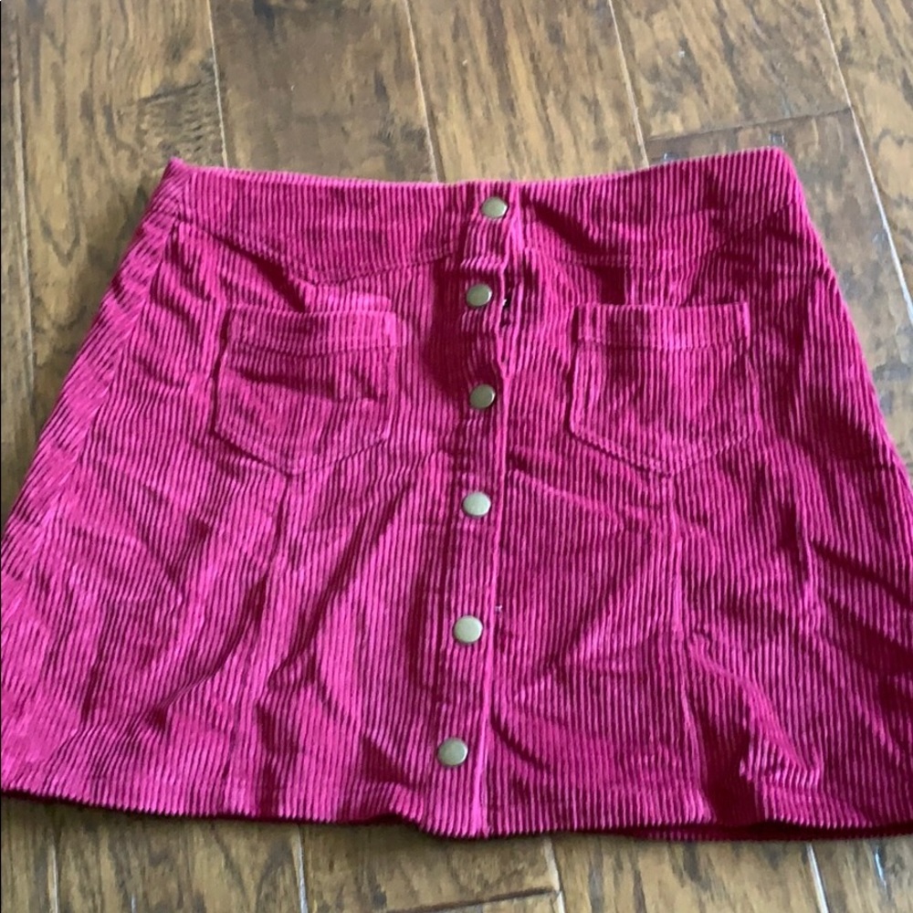 ribbed, maroon wrap around skirt, button up